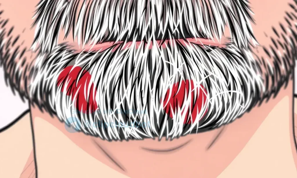 A close-up illustration showing dry, flaky skin under a beard with visible redness and irritation, depicting the cause of itching and discomfort