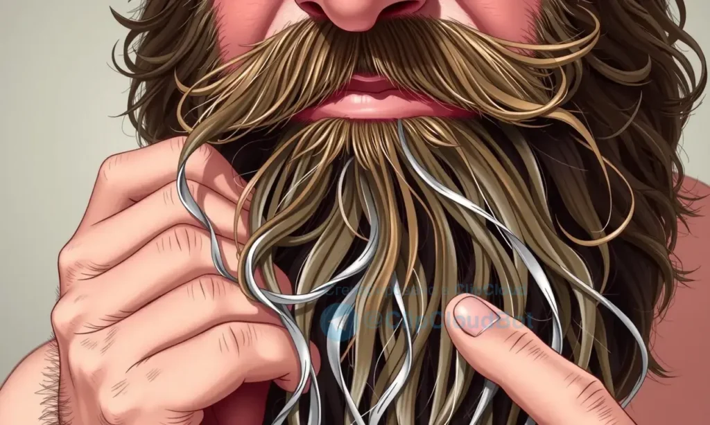 A close-up of a man with a long, tangled beard showing visible knots and clumps, with hands gently working to separate the strands without causing damage, soft natural lighting, detailed skin texture, realistic illustration style