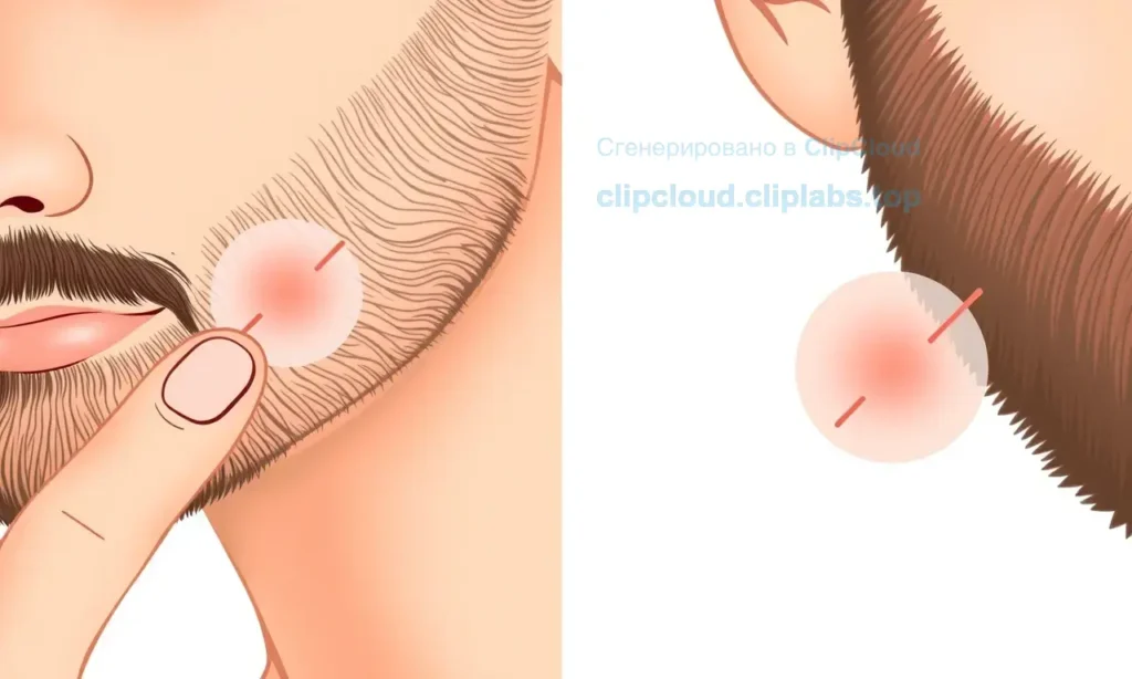A close-up illustration of a man's face showing two stages of beard growth: short, newly grown stubble causing visible itching and redness on the skin, contrasted with longer, fully grown beard that appears smooth and non-irritated. Include subtle visual cues like tiny irritation marks, scratching fingers near the jawline, and microscopic skin irritation effects to emphasize the difference in sensation. Soft lighting, realistic skin texture, and focus on dermatological detail.