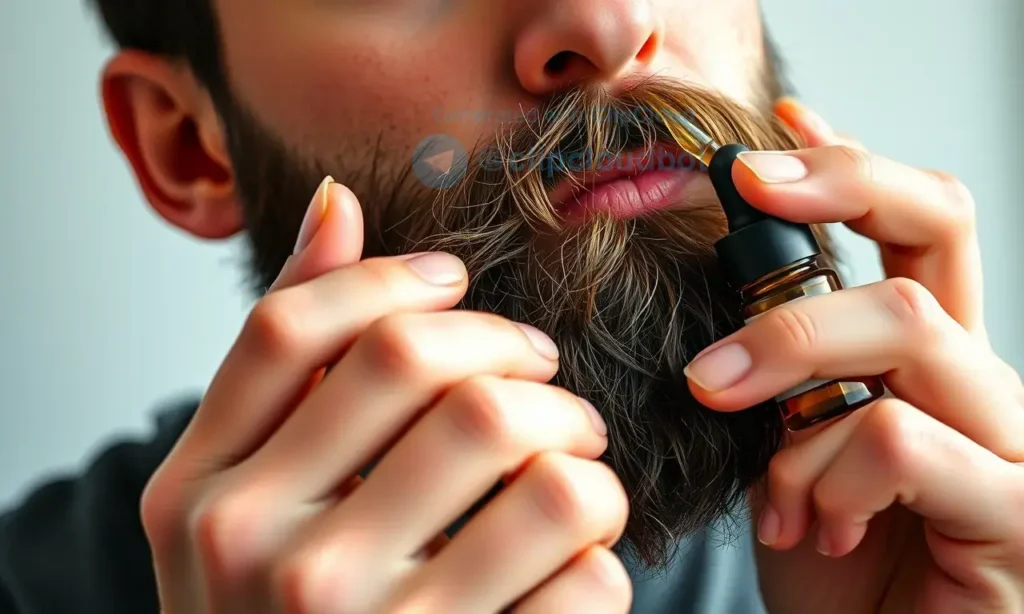 A high-quality, close-up shot of a man with a well-groomed beard applying beard oil. He is holding a small dropper bottle and carefully applying the oil to his beard. The focus is on the application process, highlighting the texture of the beard and the clarity of the oil. The background is softly blurred to keep the attention on the subject.