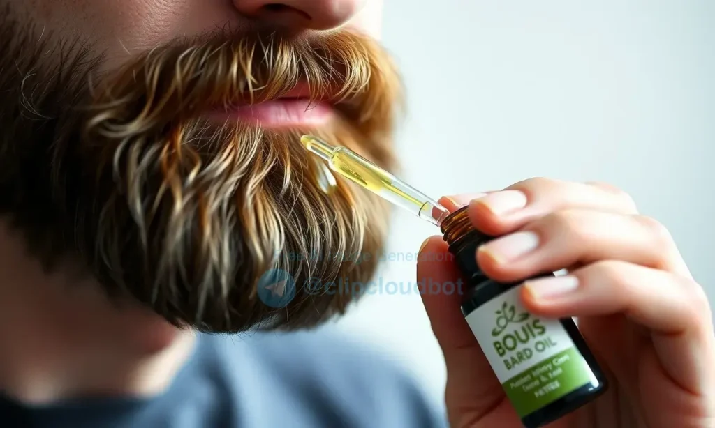A close-up, high-quality shot of a man with a well-groomed beard applying beard oil. He is holding a small dropper bottle and carefully applying the oil to his beard, with a few drops visible on his fingers. The focus is on the action of application and the texture of the beard. The background is softly blurred to keep the attention on the subject.