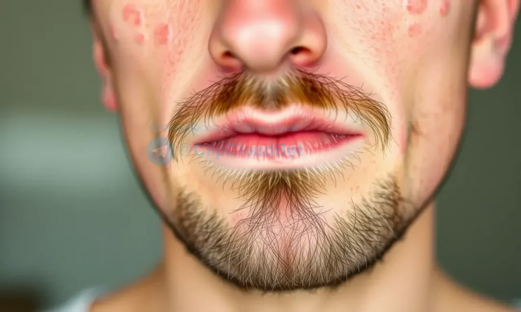 A close-up of a man's face showing new short beard growth with visible skin irritation and redness, emphasizing the itchy sensation of freshly growing facial hair, soft natural lighting, realistic skin texture, no text or symbols