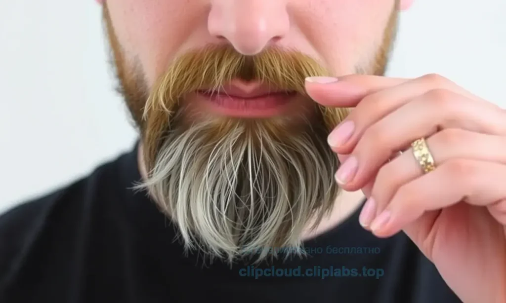 A close-up of a neatly trimmed beard with a small amount of beard wax applied to the fingertips, demonstrating the correct technique for shaping and holding the beard in place. The background is clean and minimalistic to emphasize the grooming process.