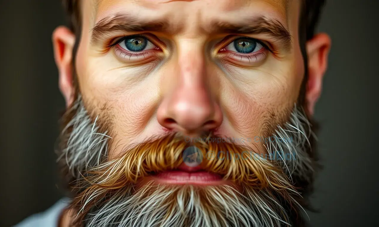 A close-up portrait of a man with a full beard, looking slightly concerned. The beard appears healthy and well-groomed, but with subtle hints of texture suggesting natural oils and slight unevenness. Focus on the beard's texture and subtle details, avoiding any signs of dirt or grime. Soft, natural lighting.