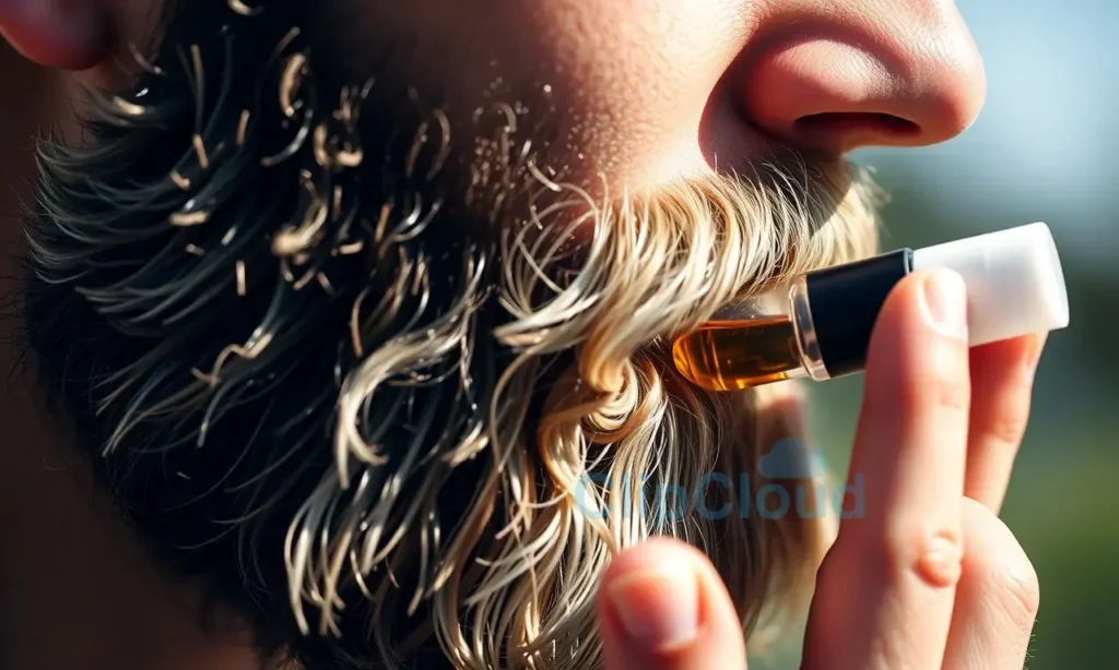 A close-up, high-quality shot of a man's face, focusing on his beard. The beard shows a clear contrast between the darker, pigmented hair in the shadowed areas and the lighter, sun-bleached tips in the sunlit areas. The man is applying a clear, glossy beard oil or balm to the lighter sections, demonstrating a protective measure. The lighting is natural and bright, highlighting the texture of the hair and the sheen of the product. The background is a soft, out-of-focus natural setting, suggesting