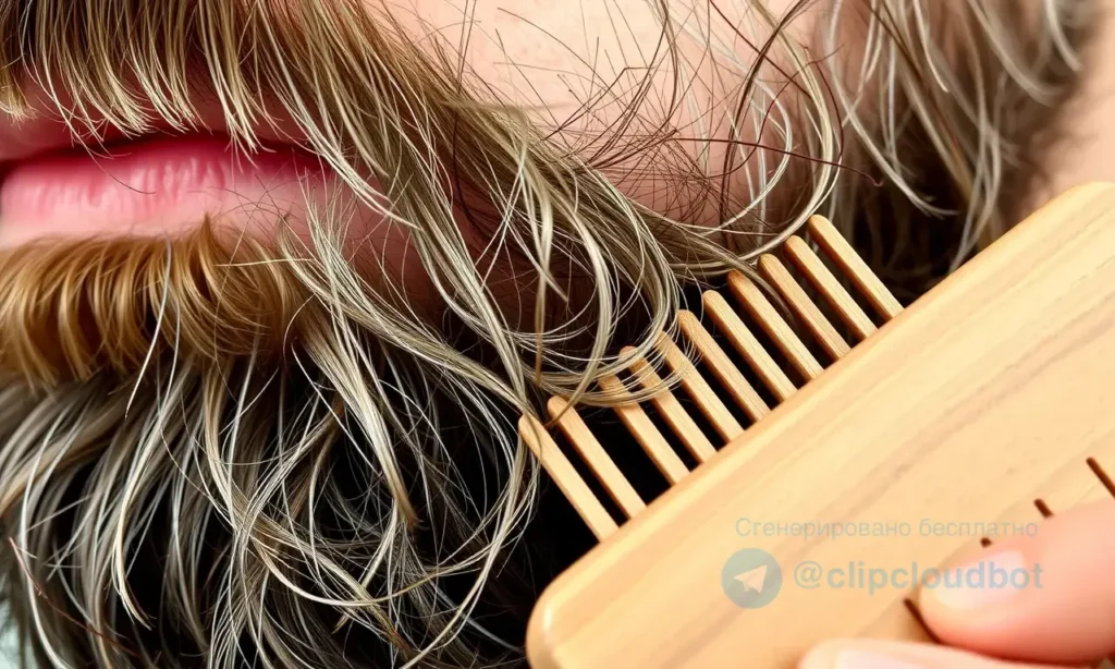 A close-up of a well-groomed beard with tangled and matted hairs being gently combed out using a wooden beard comb, showing smooth, separated strands after detangling, soft natural lighting, realistic skin texture underneath, no visible irritation or redness, focus on the beard hair and comb interaction, shallow depth of field, high detail