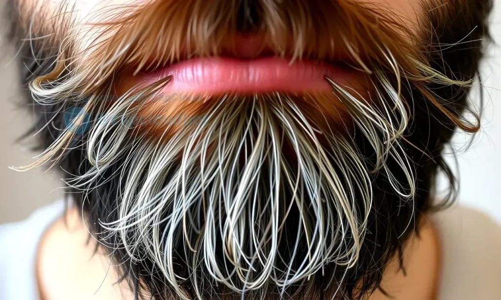 A close-up of a beard showing dark roots and lighter tips, with subtle visual cues indicating reasons for darkening at roots (e.g., natural pigment, hair growth cycle) and lightening at tips (e.g., oxidation, dryness). The beard should be well-groomed, natural lighting, realistic style, no text or symbols.