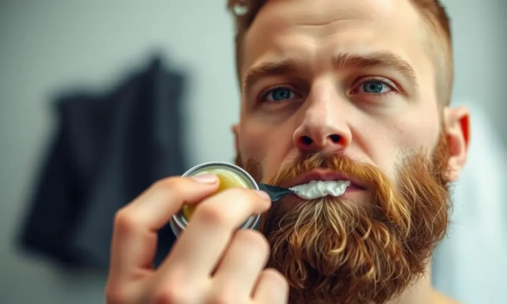A close-up shot of a man applying beard wax to his beard. The man has a neutral expression. The background is blurred and out of focus, suggesting a bathroom setting. Focus on the texture of the beard and the wax being applied.