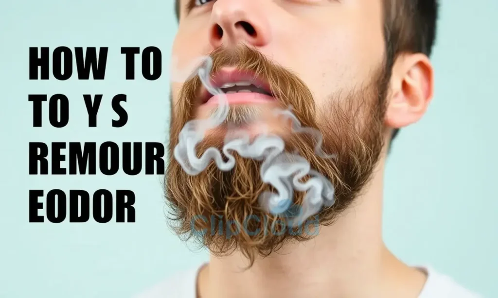 A man with a beard, showing a close-up of his face where the beard is visibly affected by tobacco smoke, with a faint haze or smoke particles around the beard area, and a clean, fresh-looking background suggesting a solution to remove the odor, no text or letters visible