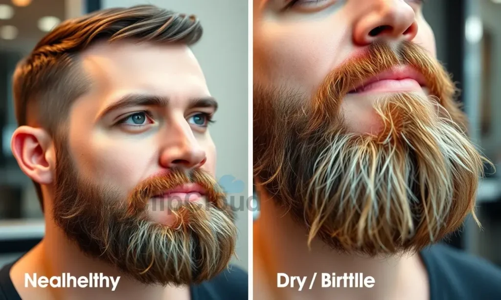A comparative side-by-side image showing a healthy, shiny, and strong beard on one side and a dry, brittle, and dull beard on the other side, with no text or labels, realistic lighting, detailed facial hair texture, natural skin tone, professional grooming environment