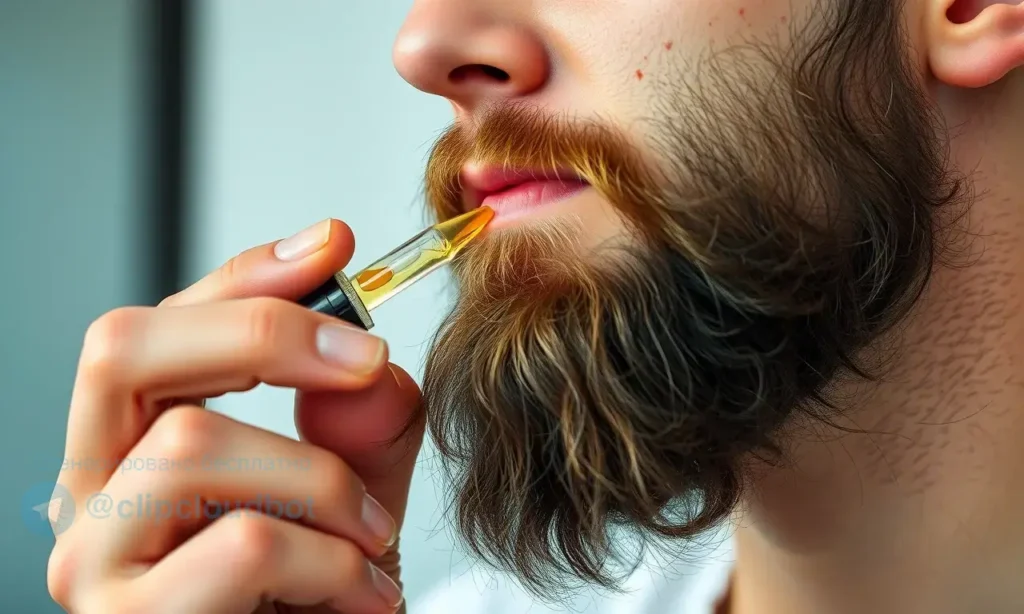 A close-up, high-quality shot of a man with a well-groomed beard applying beard oil. He is holding a small dropper bottle and carefully applying the oil to his beard, with a few drops visible on his skin. The focus is on the application process and the texture of the beard. The background is softly blurred to keep the attention on the subject.