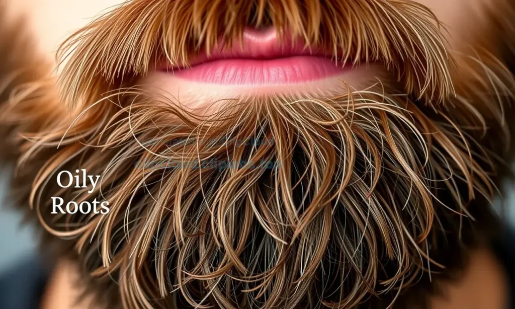 A close-up of a well-groomed beard with oily roots and dry ends, showcasing the contrast in texture. The beard should appear healthy and well-maintained, with a focus on the different care needs for the roots and ends.