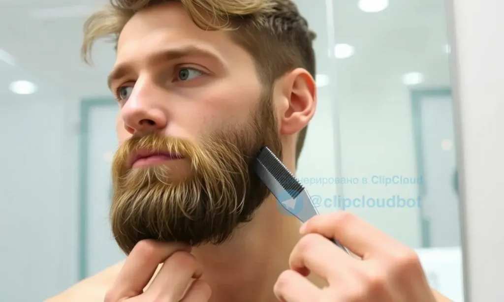 A man grooming his beard with a comb and scissors, showing a well-maintained beard with trimmed edges and healthy hair. The background is a clean, modern bathroom with a mirror reflecting the grooming process.