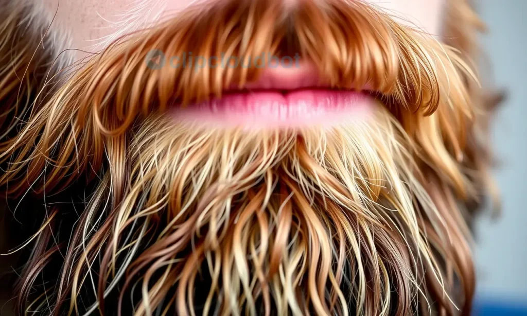 A close-up, detailed image of a man's beard with a light oil sheen. The beard is well-groomed and healthy-looking. Focus on the texture and shine of the beard, highlighting the use of beard oil.