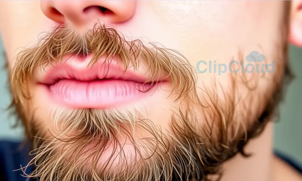 A close-up of a well-groomed man's beard with smooth skin, no visible ingrown hairs or bumps, clean and healthy facial hair, natural lighting, realistic detail