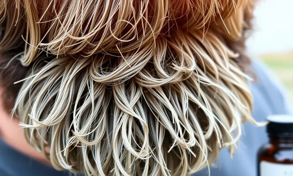 A close-up image of a well-groomed beard with dry tips, focusing on the contrast between the healthy, moisturized parts of the beard and the dry, brittle ends. The beard should be depicted in a natural setting, possibly with a subtle hint of beard oil or balm nearby to suggest care and nourishment.