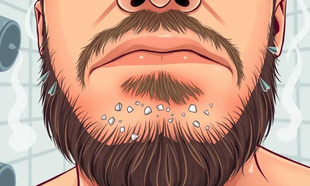A close-up illustration showing human skin under a beard with visible flaking and peeling after a shower, depicting dry, irritated skin texture with small white scales, set against a clean bathroom background with steam effects, in a clear, detailed medical illustration style