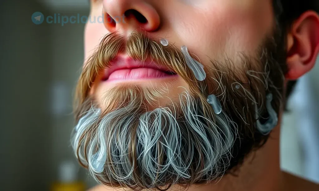 A close-up, realistic depiction of a man with a well-groomed beard. The beard should appear healthy and slightly damp, suggesting it has recently been washed with shampoo. Focus on the texture and fullness of the beard. The background should be blurred and neutral, perhaps a bathroom setting, but not distracting. The lighting should be soft and natural, highlighting the beard's details.
