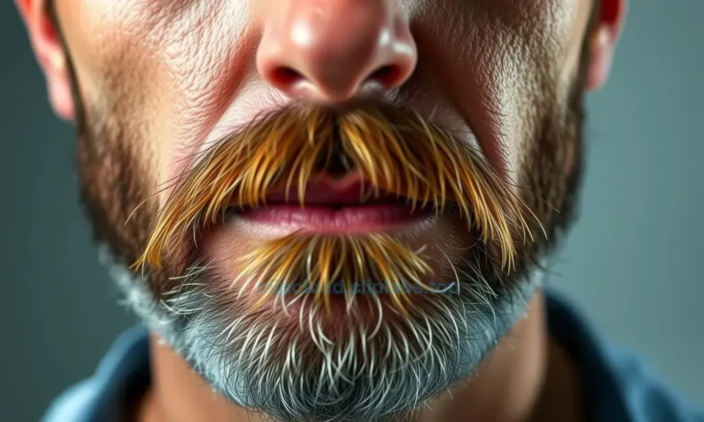 A man with a beard growing in an unusual direction, showing hair strands pointing sideways or upward instead of downward, realistic facial features, natural lighting, detailed skin texture, close-up view of the beard area, medical or biological context implied