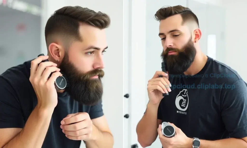 A well-groomed man with a short beard, demonstrating proper beard care techniques. The man should be shown applying beard oil or balm, using a beard brush or comb, and possibly washing his beard with a gentle cleanser. The setting should be clean and modern, with good lighting to highlight the beard care process.