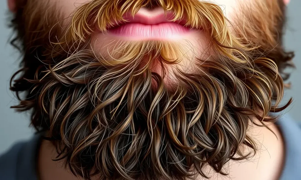 A well-groomed beard with oily roots and dry ends, showcasing the contrast in texture. The beard should be styled neatly, with a focus on the different care techniques applied to the roots and ends. The image should convey a sense of proper beard maintenance and grooming.