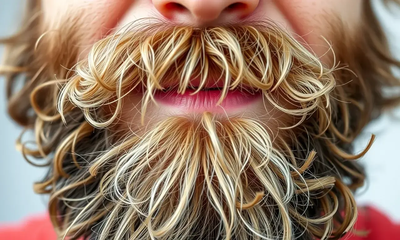 A close-up, high-resolution photograph of a man's face showing a beard that is frizzy, unruly, and sticking out in multiple directions. The image should clearly illustrate the texture of the dry, split ends and the lack of definition in the beard, making it look bushy and unkempt. The lighting should be bright and even to highlight the individual hairs and the 'poofy' texture.