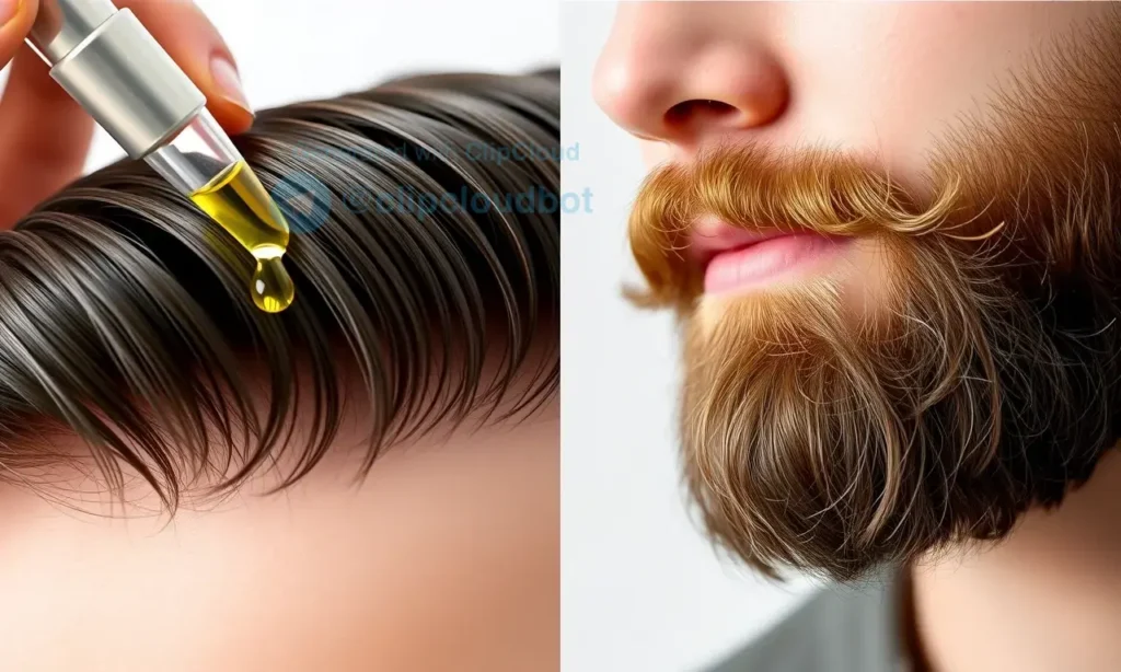 A split-screen comparison image. On the left, a close-up of healthy, shiny human hair with a droplet of oil being applied. On the right, a close-up of a well-groomed beard with a similar droplet of oil. The background is a clean, neutral studio setting. The image should clearly show the texture of both hair types and the oil.