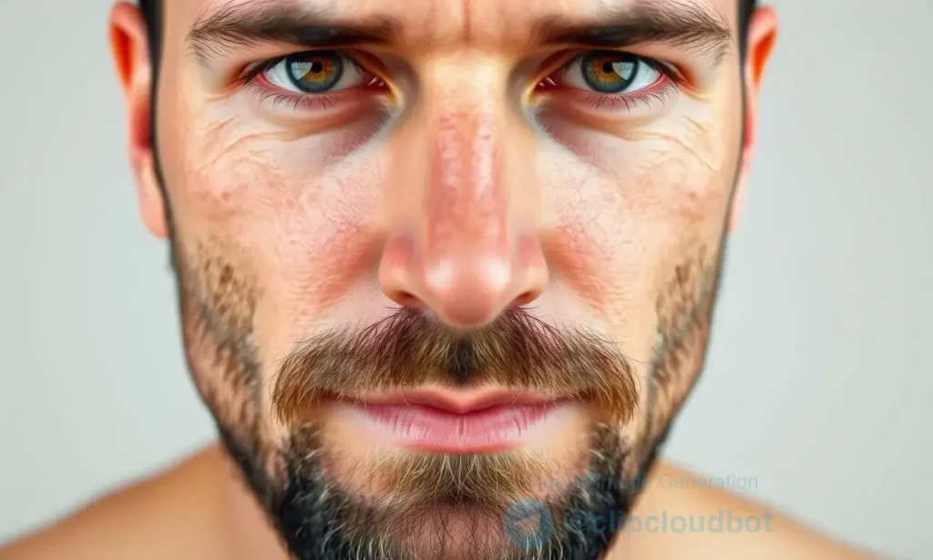 A close-up of a man's face showing dry skin on the cheeks and forehead, with a subtle beard, natural lighting, realistic skin texture, no text or symbols, neutral background