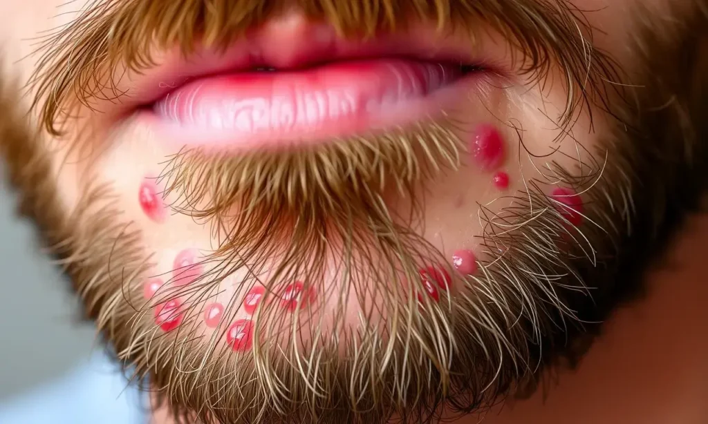 A close-up view of facial skin under a beard showing red, inflamed pimples and irritation, with subtle texture of stubble visible, soft natural lighting, realistic skin details, no text or symbols