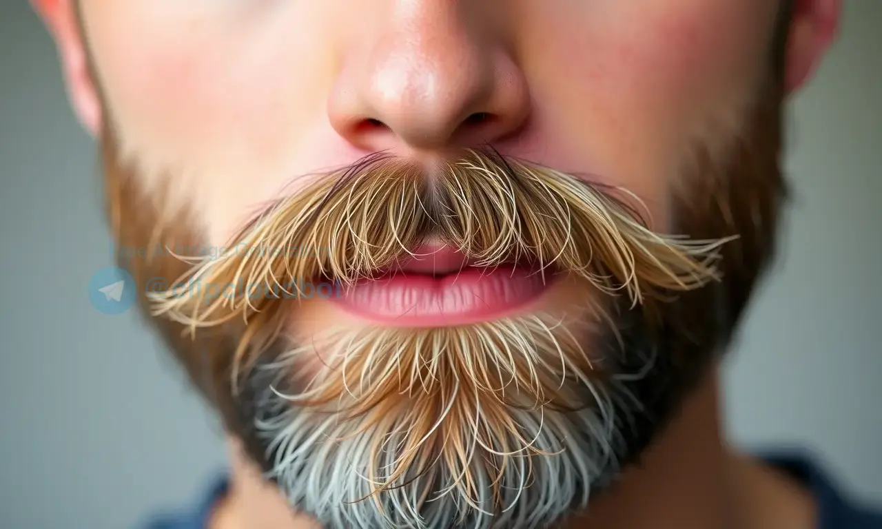 A close-up shot of a person's face with a focus on their beard. The beard should have a slightly textured appearance, and the lighting should highlight the natural color and texture. The background should be blurred and neutral.