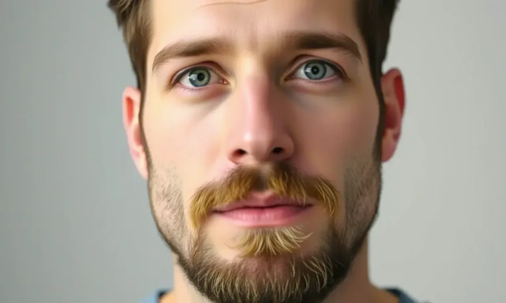 A close-up portrait of a man with a well-groomed beard and mustache, looking directly at the camera with a confident expression. The lighting is soft and natural, highlighting the texture of the beard. Focus on the beard and mustache area, showing healthy, dark hair. The background is blurred and neutral.