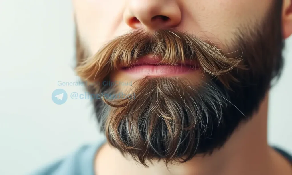 A close-up shot of a man's beard, with a subtle, realistic depiction of a tobacco scent visualized as faint, swirling particles around the beard. The beard should be well-groomed and the lighting soft and natural.