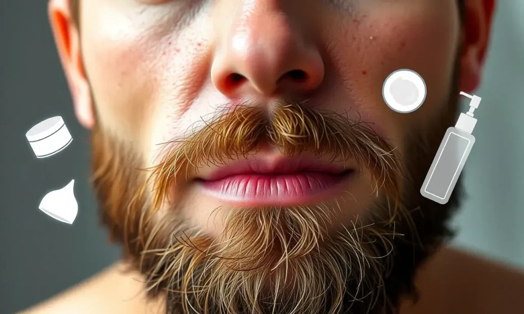 A close-up portrait of a man with a well-groomed beard, focusing on the skin underneath the beard. The skin appears slightly reddened, with visible tiny pores and a subtle oily sheen, suggesting congestion from excessive cosmetic products. Around the man's face are faint, semi-transparent illustrations of skincare and grooming products (creams, oils, balms) gently drifting toward the skin, indicating overload. The lighting is natural and soft, emphasizing the texture of the skin and the contrast