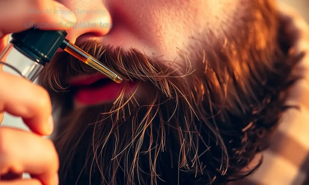 A high-quality, close-up shot of a man with a well-groomed beard applying beard oil. He is holding a small dropper bottle and carefully applying the oil to his beard. The lighting is warm and professional, highlighting the texture of the beard and the sheen of the oil. The background is softly blurred to keep the focus on the man and the action.