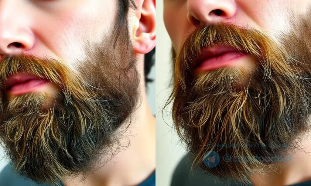 A well-groomed beard showing signs of dryness and dullness on one side, and restored health and shine on the other side, with natural lighting, realistic textures, and no text or digits