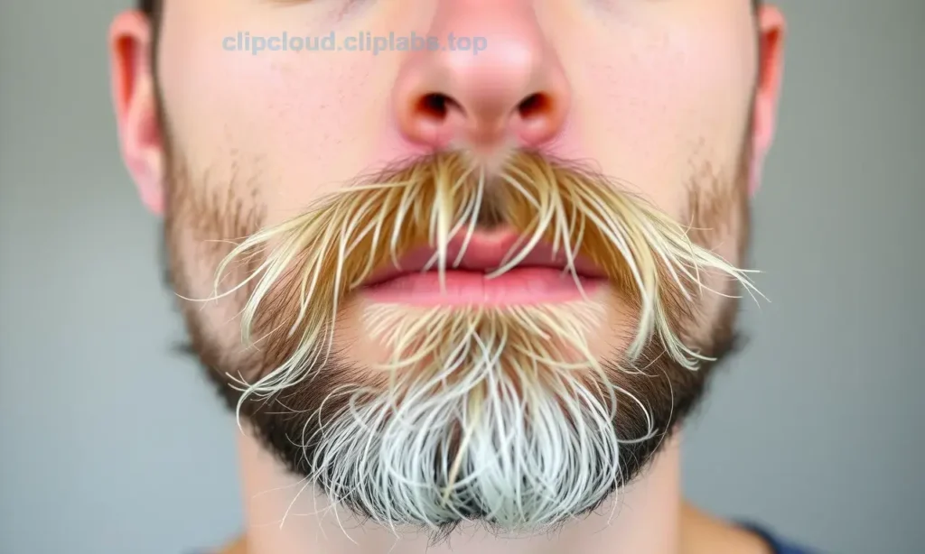 A close-up of a man's face showing an unkempt beard that looks messy and unshaped just one hour after grooming, with visible stray hairs and uneven length, against a neutral background