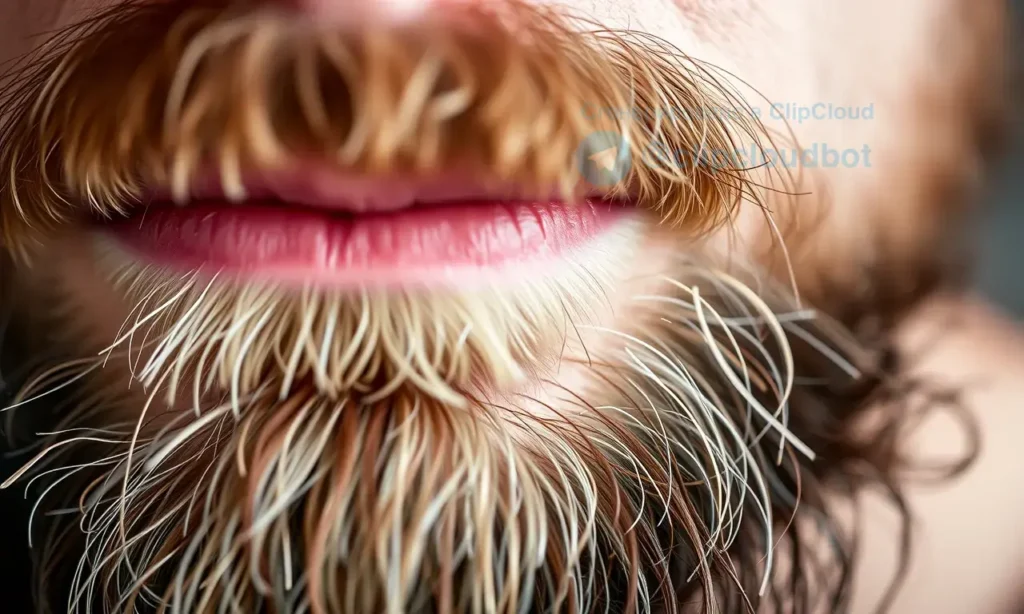 A close-up, detailed image of a man's beard after washing. The beard should appear slightly textured and not perfectly smooth, showing natural hair variations. Focus on the beard's condition, highlighting the fact that it still looks somewhat unclean despite being washed. The lighting should be soft and natural, emphasizing the beard's texture and depth.