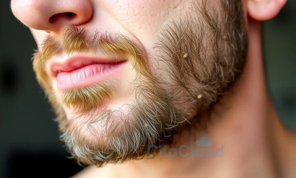 A close-up of a man's face showing a patchy, uneven beard growing in small clumps, with visible skin texture and natural lighting, emphasizing the irregular growth pattern