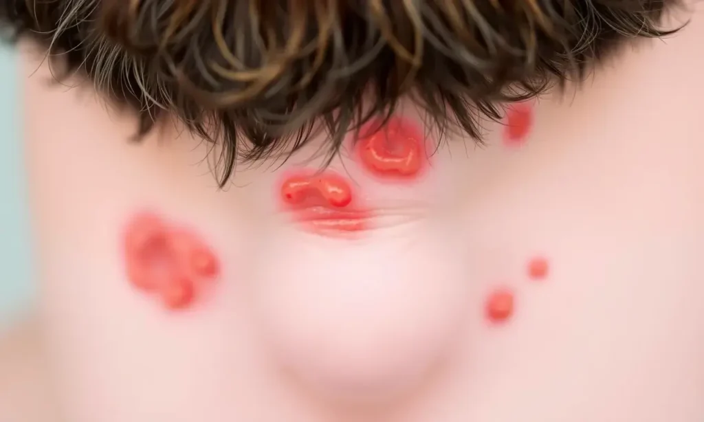 A close-up view of facial skin under a beard showing red, inflamed pimples and irritation, with subtle signs of dryness and clogged pores, soft natural lighting, realistic skin texture, no beard hairs obscuring the skin, focus on the affected area beneath facial hair