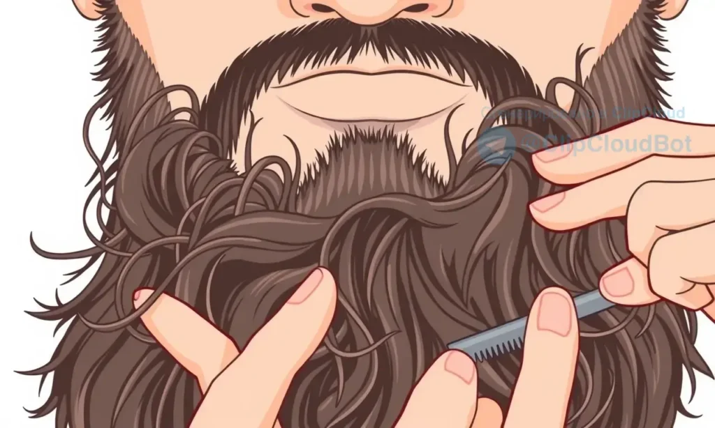 A close-up illustration showing a man's beard with visible tangles and knots, demonstrating the problem of tangled beard hair. The image should depict how the beard gets tangled in clumps, with strands visibly twisted and matted together. Show the beard in a natural state before grooming, highlighting the messy, knotted texture. Include a gentle, non-invasive approach to detangling, such as fingers carefully separating strands or a wide-tooth comb being used softly. The scene should convey care