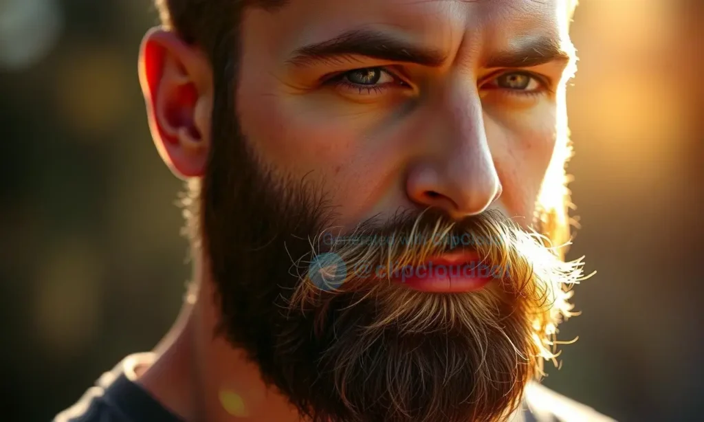 A close-up, high-quality portrait of a man with a thick, well-groomed beard. The lighting is dramatic, with a strong, warm sunbeam hitting the right side of his face, causing the beard hairs to appear significantly lighter and almost golden-blond in that area, while the left side remains in a darker, natural shadow. This visual contrast illustrates the effect of sun exposure on beard pigmentation. The man has a neutral, thoughtful expression. The background is a soft, out-of-focus natural settin