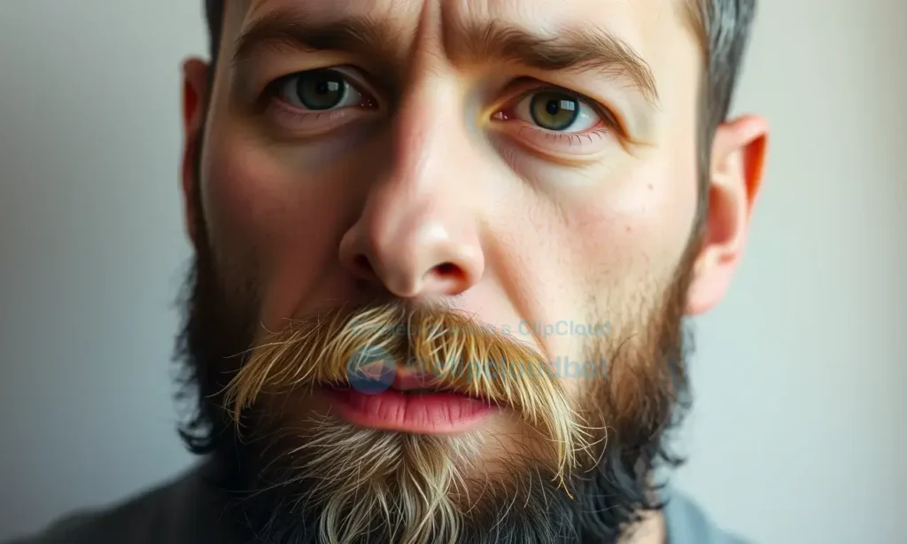 A close-up, high-quality shot of a man's face with a well-groomed beard, focusing on the texture of the facial hair. The lighting is soft and natural, highlighting the details of the beard. The man has a gentle, slightly concerned expression, looking directly at the camera. The background is a soft, out-of-focus neutral color, ensuring the focus remains on the subject's face and beard.