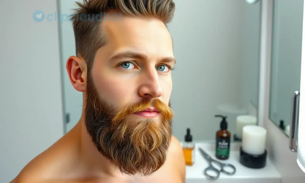 A man with a neatly groomed beard, looking fresh and well-maintained, standing in a modern bathroom with grooming tools like a comb, scissors, and beard oil nearby, soft lighting, clean and professional atmosphere