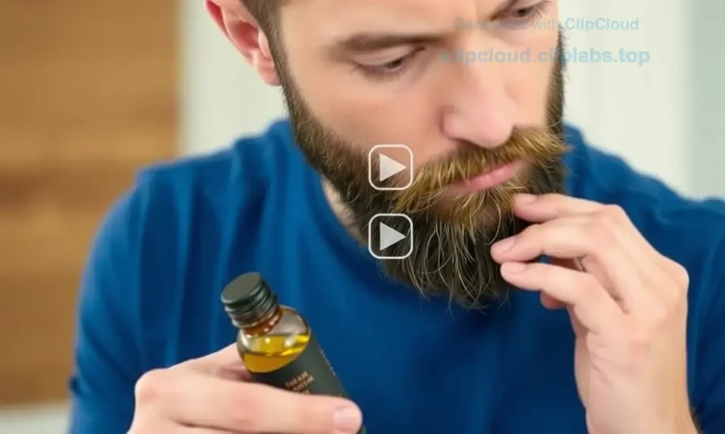A man in the early stages of growing a beard, with visible stubble. He is applying a beard oil or balm to soften the stubble. The scene should be well-lit and detailed, showing the texture of the stubble and the application process. The man should have a neutral expression, focusing on the task at hand.