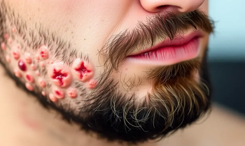 Close-up image of a man's face with a beard, showing signs of irritation and inflammation under the beard. Focus on the skin texture, redness, and small bumps. The lighting should be soft and natural, highlighting the details of the skin.