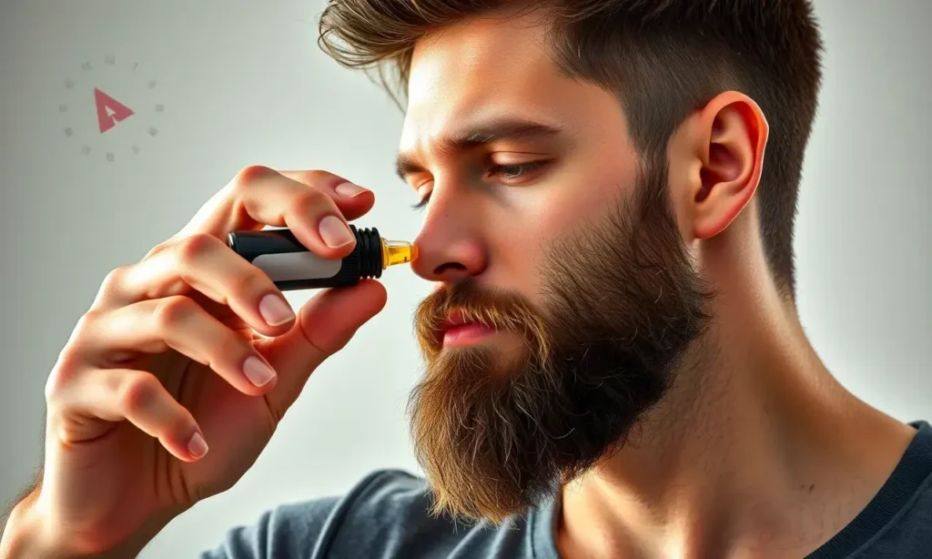 A well-groomed man with a medium-length beard gently applying beard oil to his facial hair, with a subtle visual cue of a calendar or clock indicating moderate, regular usage without any text or numbers, set in a realistic, high-quality composition