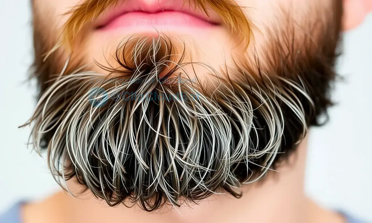 A close-up image of a well-groomed beard with dry tips, focusing on the contrast between the healthy, moisturized parts of the beard and the dry, brittle ends. The beard should appear neatly trimmed and styled, with the dry tips clearly visible. The background should be neutral and uncluttered to keep the focus on the beard.