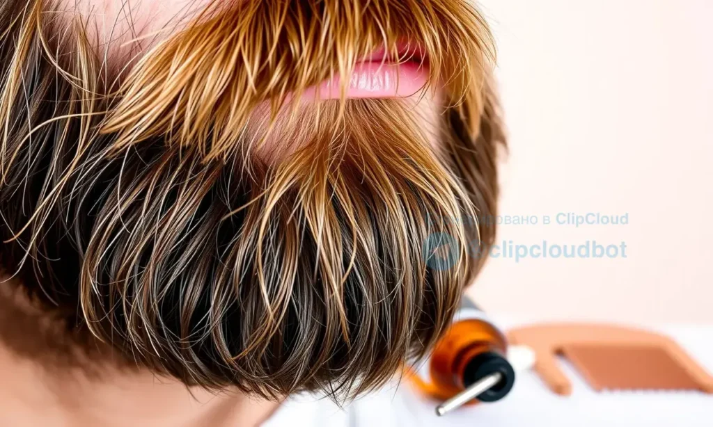 A close-up of a well-groomed beard with healthy, smooth tips, showing no split ends, set against a soft neutral background. The beard hair is clean, moisturized, and naturally textured, with subtle lighting highlighting the hair's shine and integrity. A small bottle of beard oil and a wooden comb are placed gently nearby, suggesting care without cutting. No scissors, razors, or shortened hairs are visible.