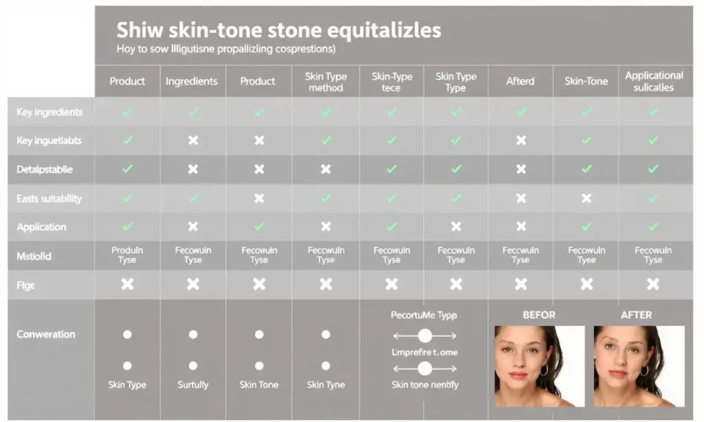 A detailed comparison table showing popular skin tone equalizing products, with columns for product name, key ingredients, skin type suitability, application method, and before/after skin tone comparison images, presented in a clean infographic style with clear labels and color-coded rows