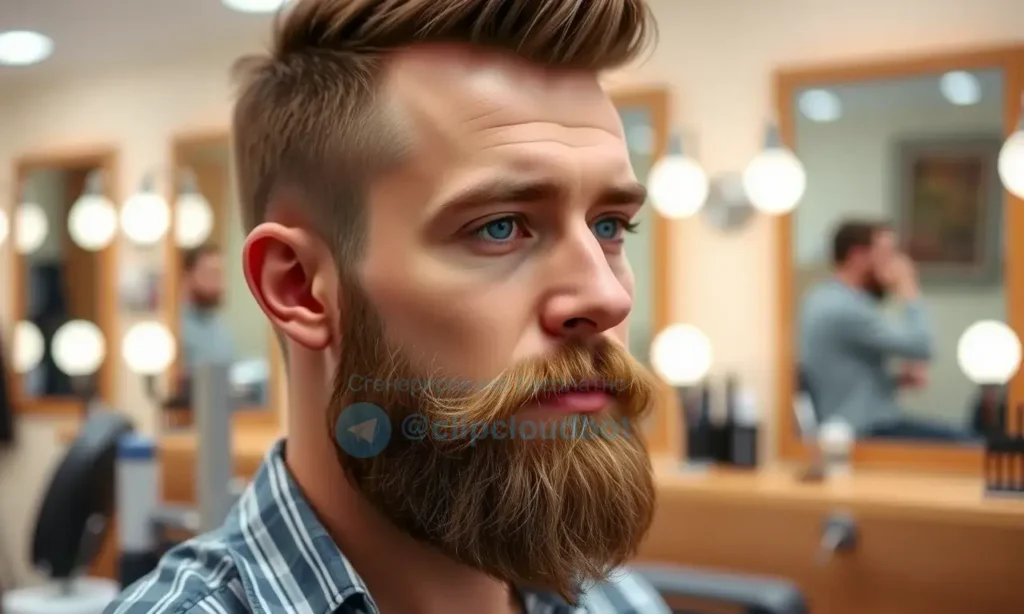 A man with a neatly trimmed beard, looking confident and well-groomed, standing in a modern barber shop with tools and mirrors in the background, symbolizing the importance of beard care and grooming